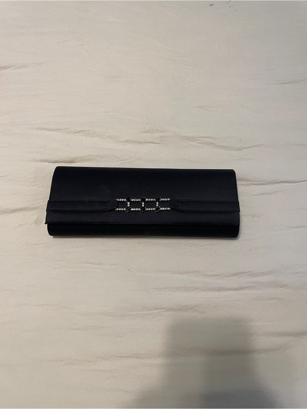 Black Satin Evening Clutch with Crystal Link Detail